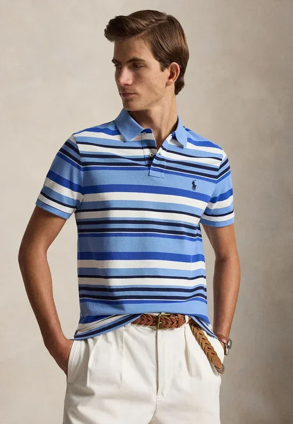 Футболка поло хлопковая Custom slim fit striped mesh polo shirt, Polo Ralph Lauren, Bristol Blue Multi, синий/мультиколор