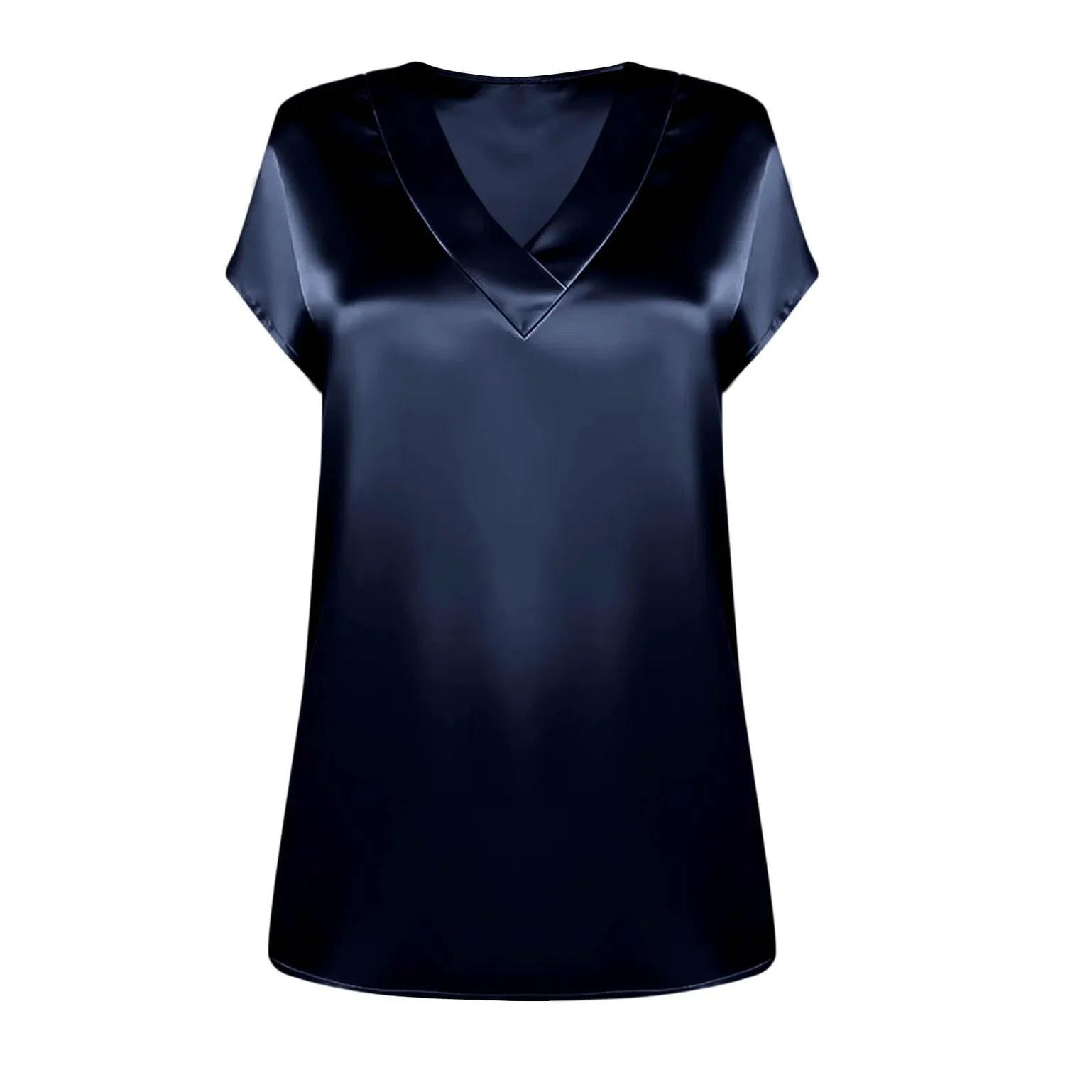 Женская блузка с коротким рукавом из шелкового сатина, Navy Satin Blouses for Women — фото 3