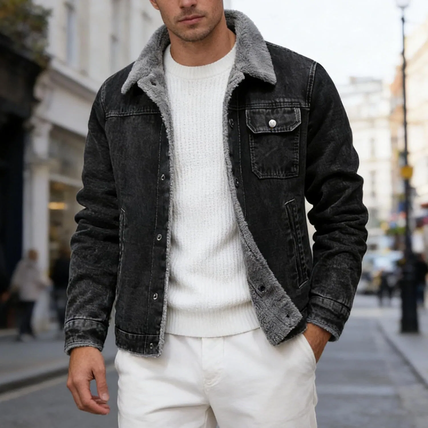 Мужская джинсовая куртка-тракер с флисовой подкладкой, Slim Fit, чёрный — фото 3