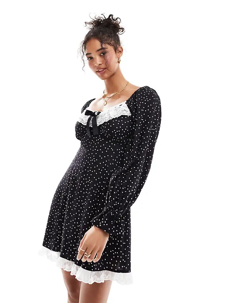 

Мини-платье Miss Selfridge в горошек с кружевной отделкой и бантом