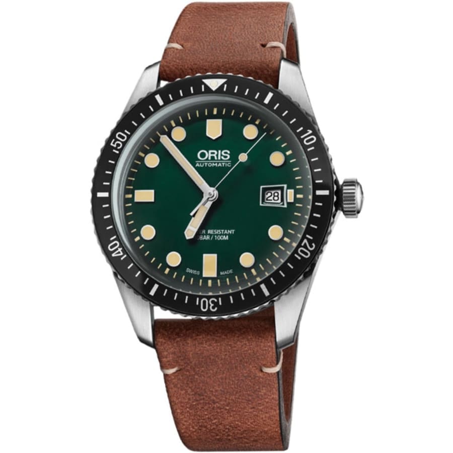 

Мужские часы Oris Divers с зеленым циферблатом и коричневым кожаным ремешком 01 733 7720 4057-07 5 21 45
