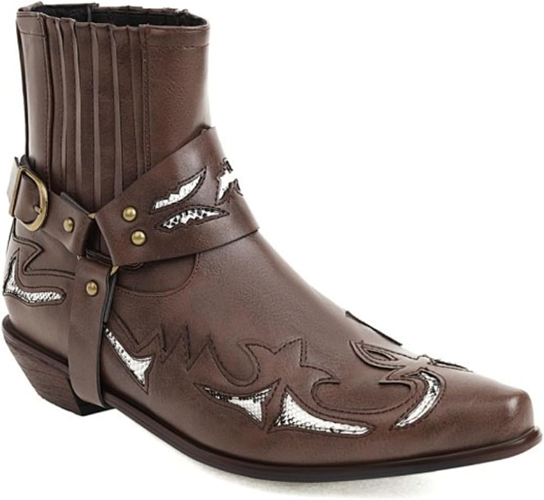 

Мужские ковбойские ботинки Классические вышитые западные ботинки Скользящие носки с заостренным носком Толстый каблук Ботинки до щиколотки Abborora, темно-коричневый