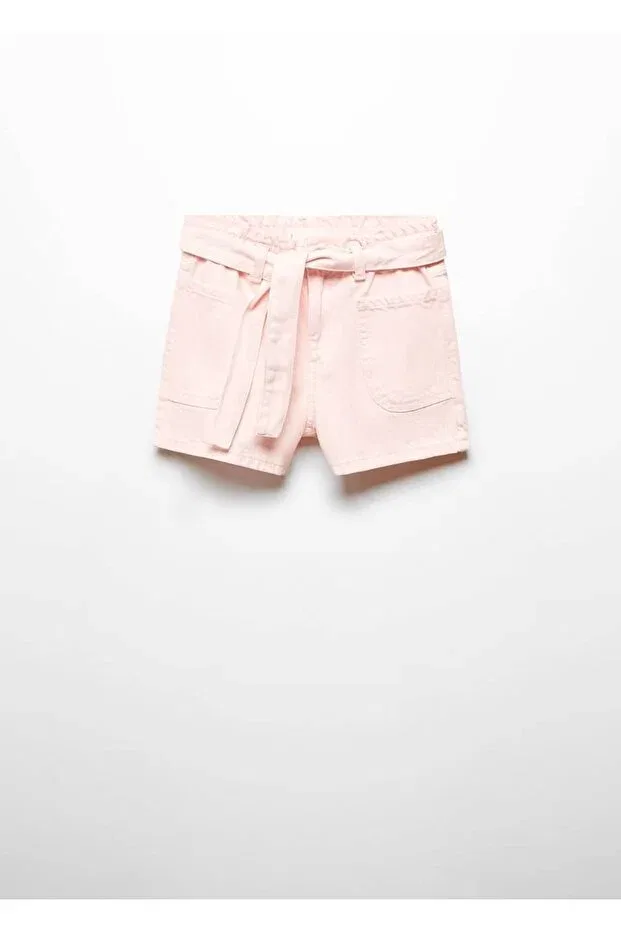 Детские шорты для девочек джинсовые Paperbag Belted Shorts Mango Kids, Pastel Pink — фото 2