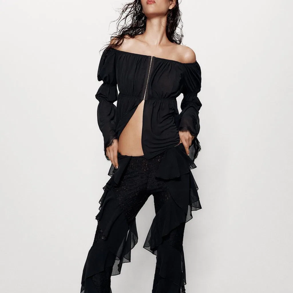Женская шифоновая блуза с лодочкой Black ZARA, Black — фото 4
