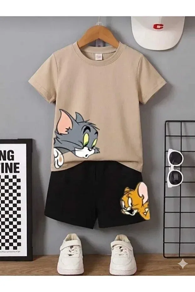 Детский комплект свитшот-брюки для девочек с принтом Summer children's t-shirt shorts unisex (tom and jery) Nice Clothes, Bottom Black Top Beige