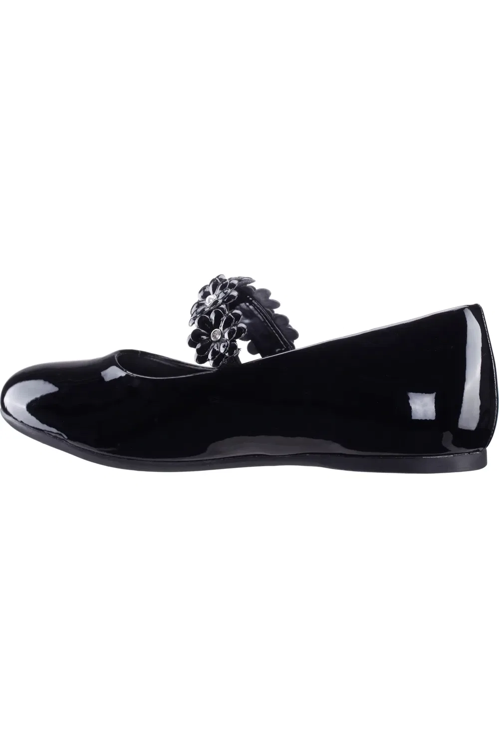 Балетки детские с цветочными аппликациями и ремешком Rozy Nina, Black Patent — фото 2