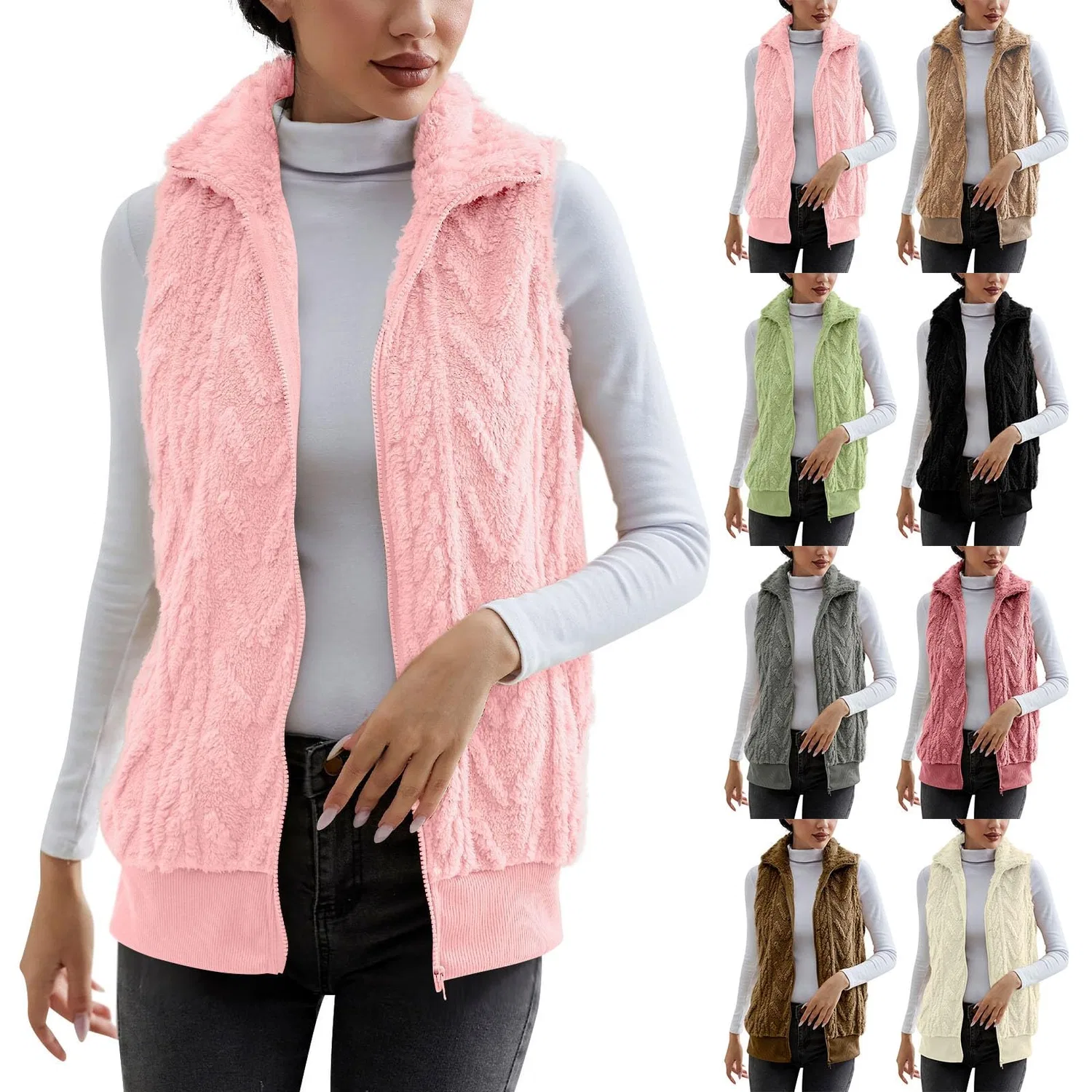 Женский жилет без рукавов с принтом Chunky Cardigan Knitted Pattern Fluffy Fleece Vest, green