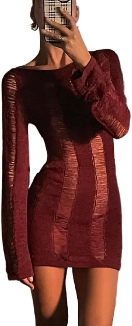 Женское мини-платье с вырезами вязаное облегающее Long Sleeve Backless Wrap Dress, Burgundy