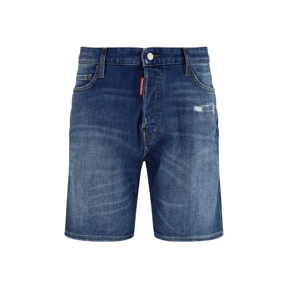 Мужские шорты-бермуды джинсовые с потертостями Blue Cotton Bermuda Shorts Dsquared2, Blue