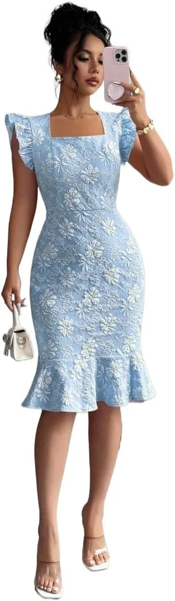 Женское повседневное миди-платье с воланами Square Neck, Blue