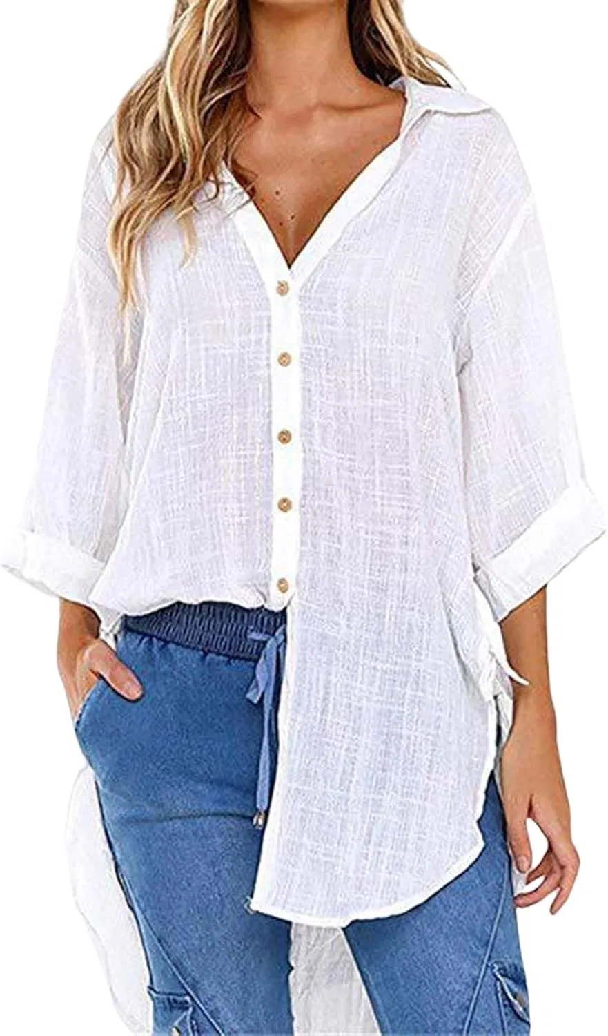 Женская свободная туника с 3/4 рукавом для пляжа, White