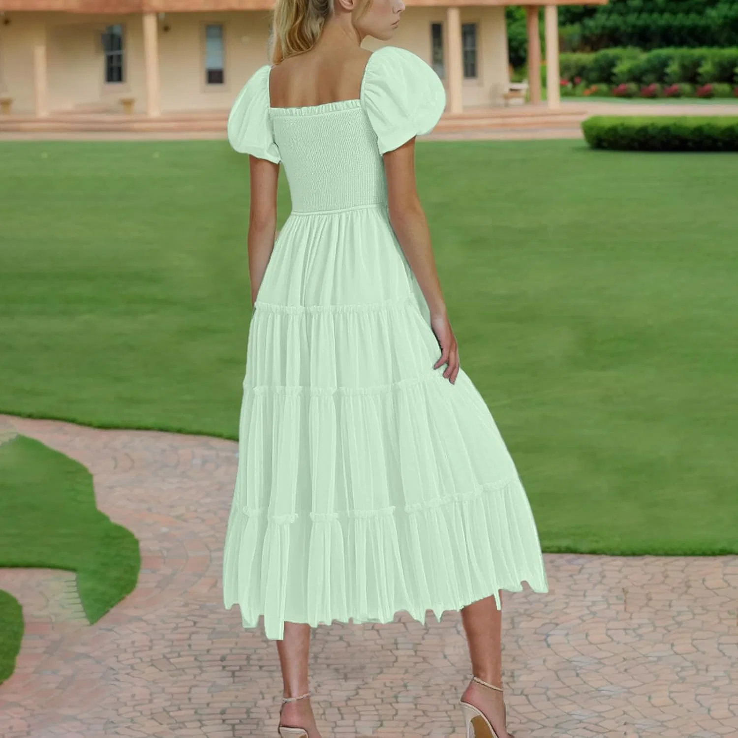 Женское летнее макси-платье с V-образным вырезом и эластичной талией, Mint Green — фото 4