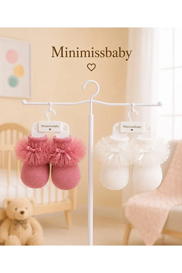 Детские носки для девочек с бантом тюлевые набор 2 шт Bow detailed tulle baby girl socks set of 2 Minimissbaby, Metallic