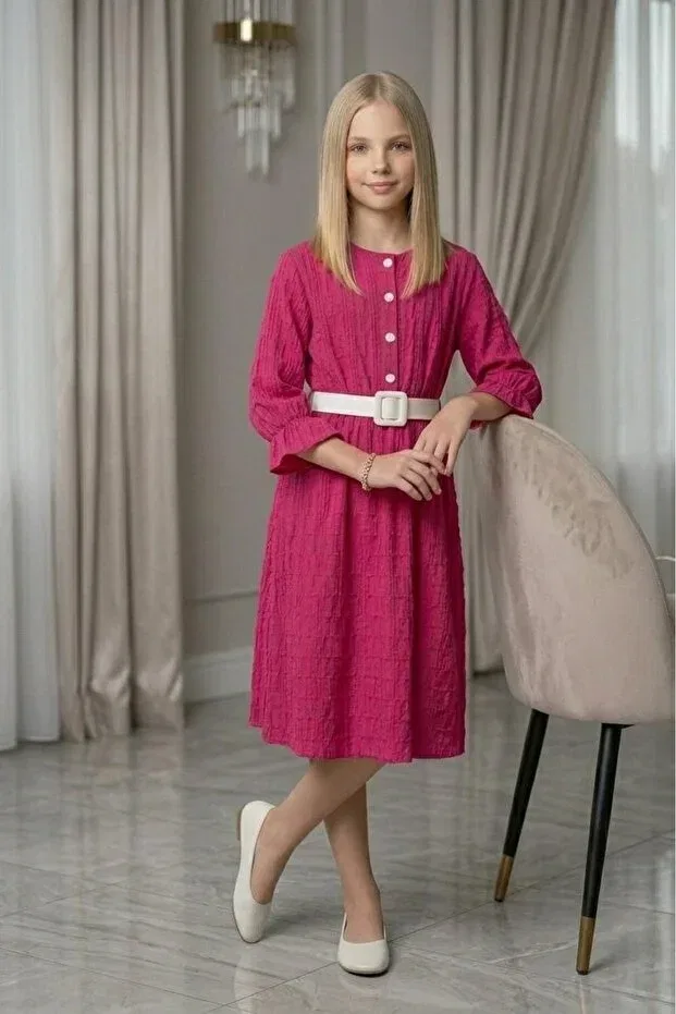 Детское платье для девочек с принтом Buttoned belted wrinkled fabric holiday dress for girls aby259 Abiyekids, Fuchsia