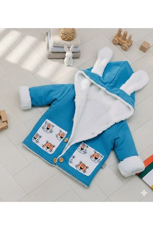 Детское зимнее пальто с капюшоном Rabbit Ear Plush Lined Winter Baby Coat Baby Pattini, Blue