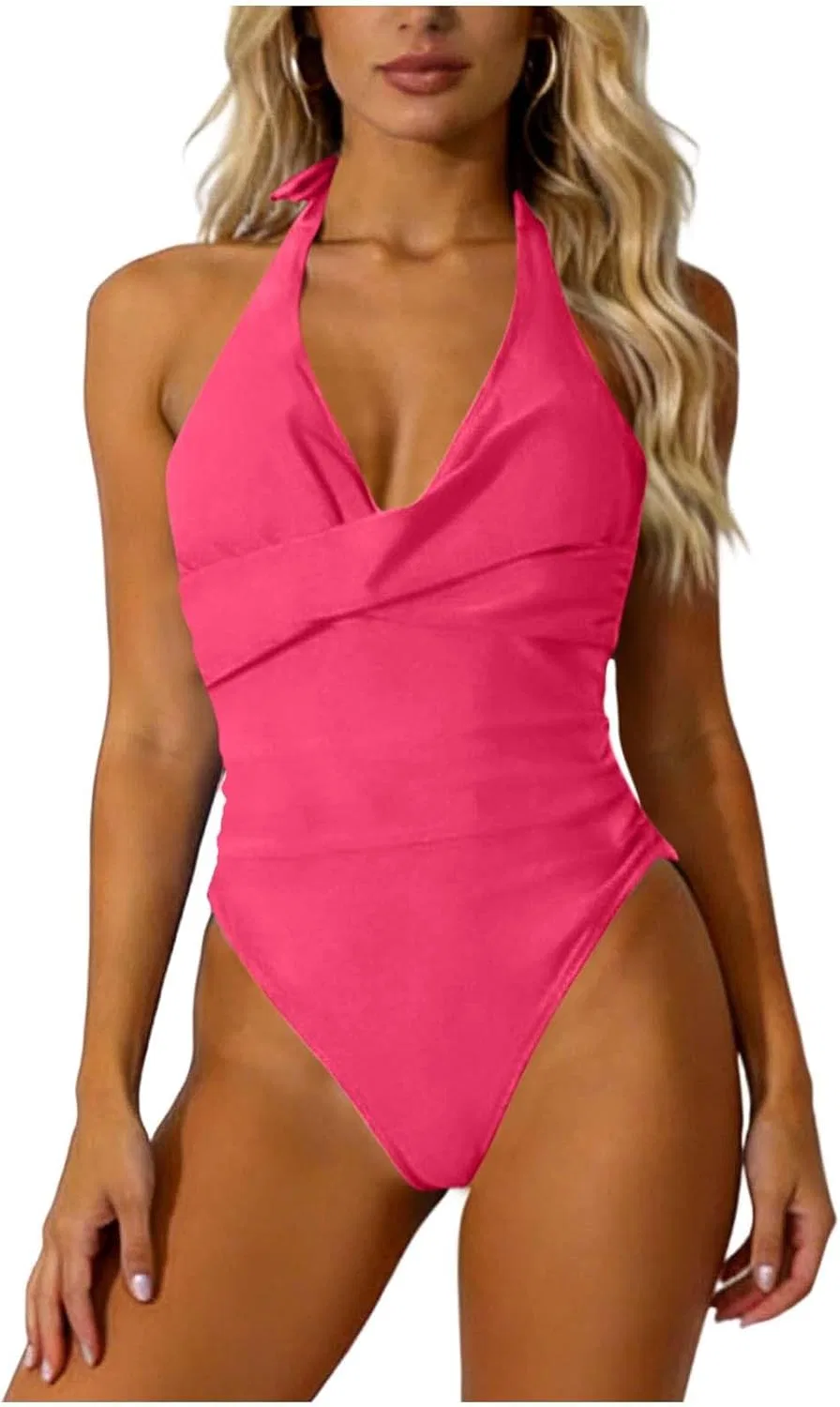 Женский слитный купальник с V-образным вырезом, Hot Pink-1