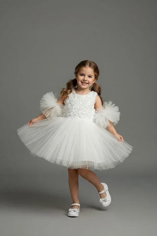 Детское платье для девочек с помпонами Party Delfini Kids, White