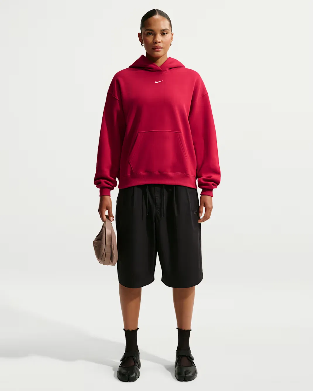 Женская толстовка с капюшоном оверсайз Nike Studio Fleece Medium Weight, Tough Red/Sail — фото 4