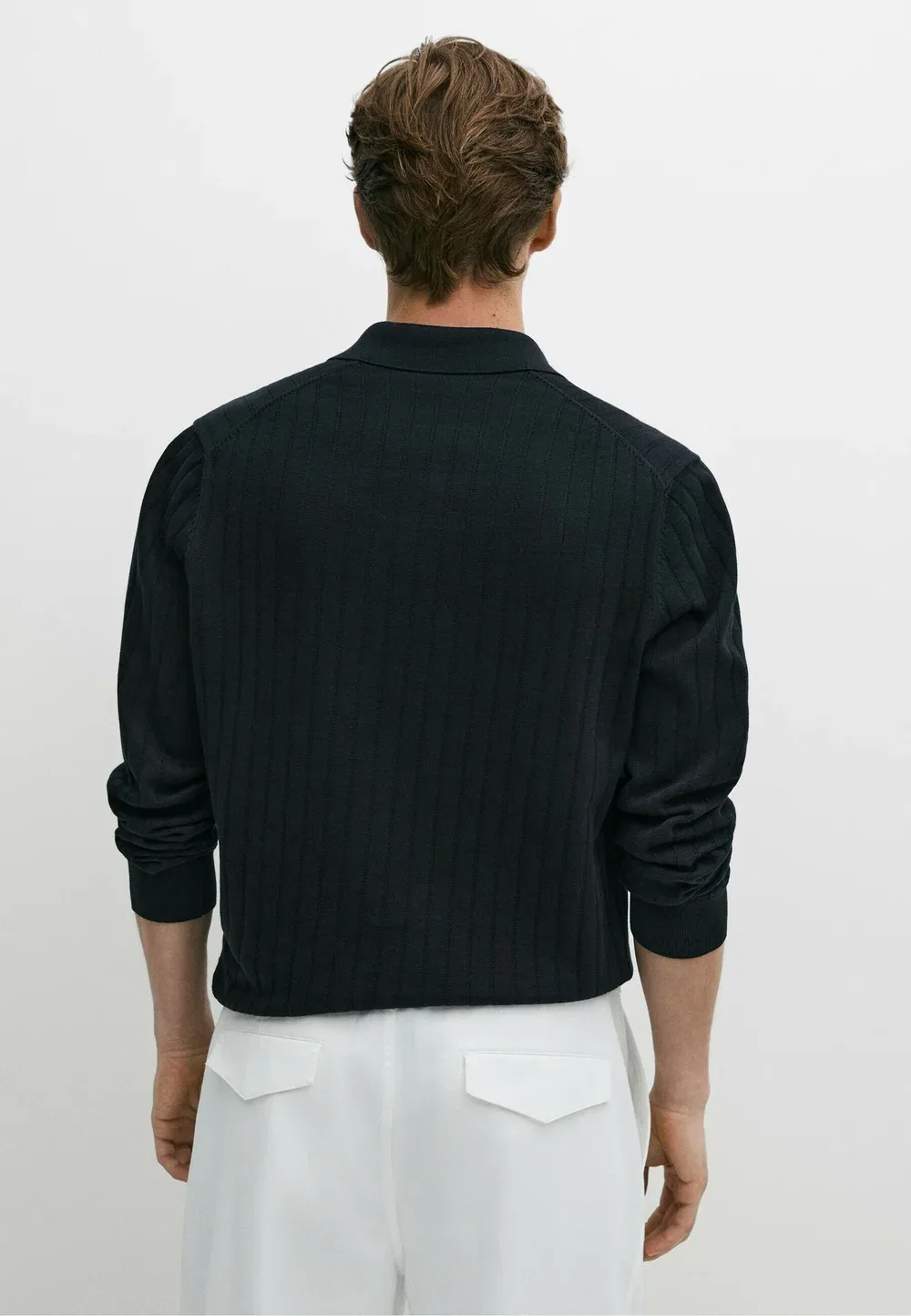 Вязаный поло-свитер из 100% хлопка - рубашка поло Massimo Dutti, Mottled Dark Blue — фото 3