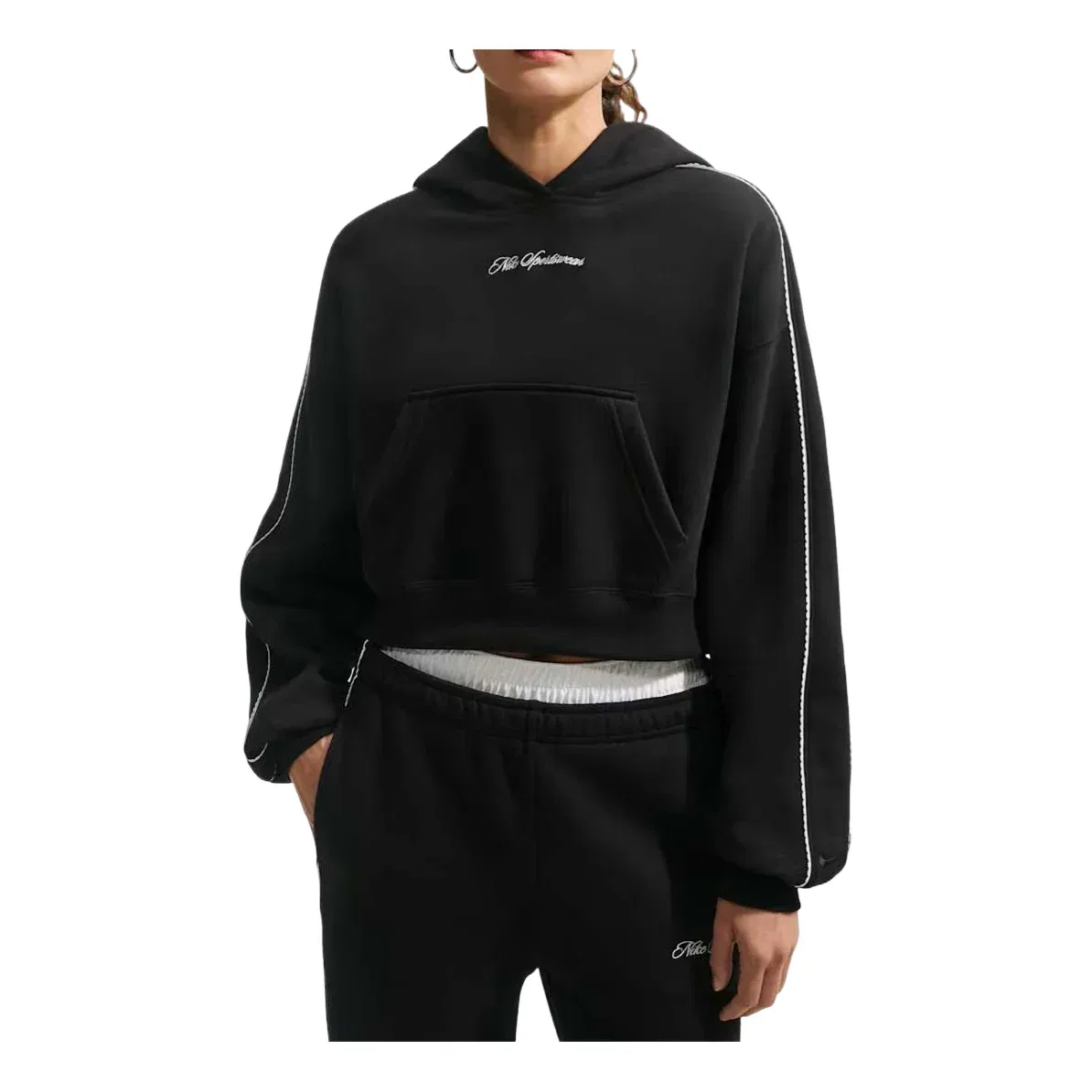 Женское худи Studio Fleece Medium Weight Graphic Pack Cropped Hoodie 'Total Black Sail' Nike, Total Black/Sail