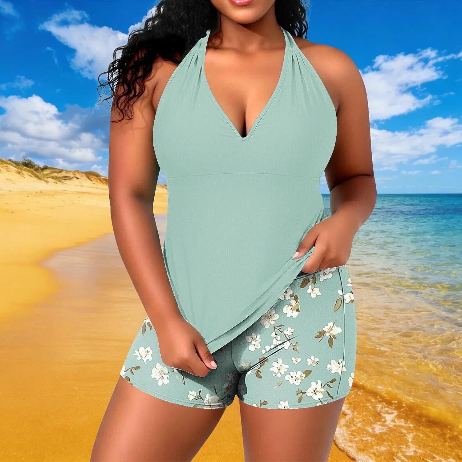 Женский танкини-купальник с контролем живота Plus Size, Army Green — фото 2