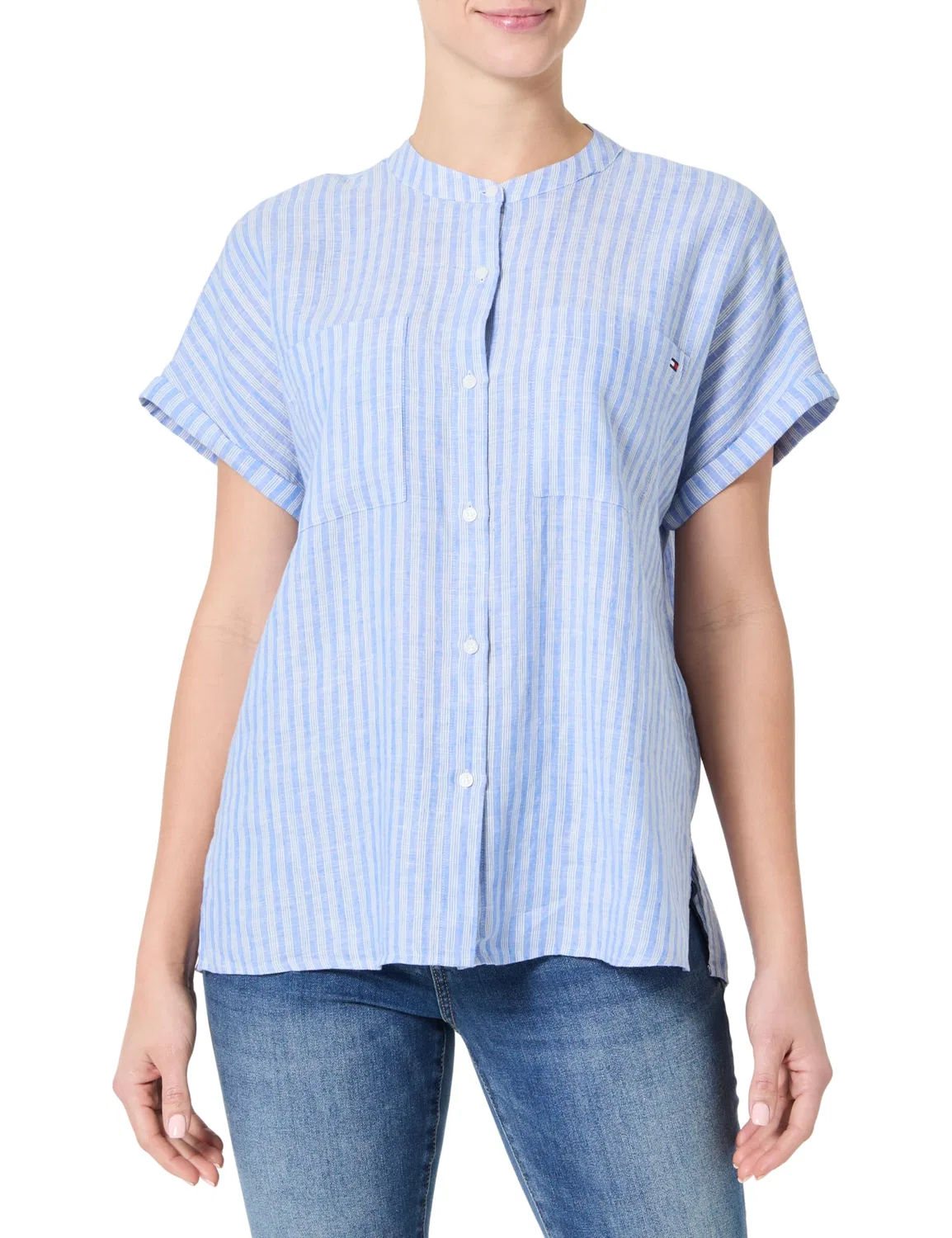 Женская блуза льняная без воротника Tommy Hilfiger, Blue (Multiple Stp/Blue Spell) — фото 3