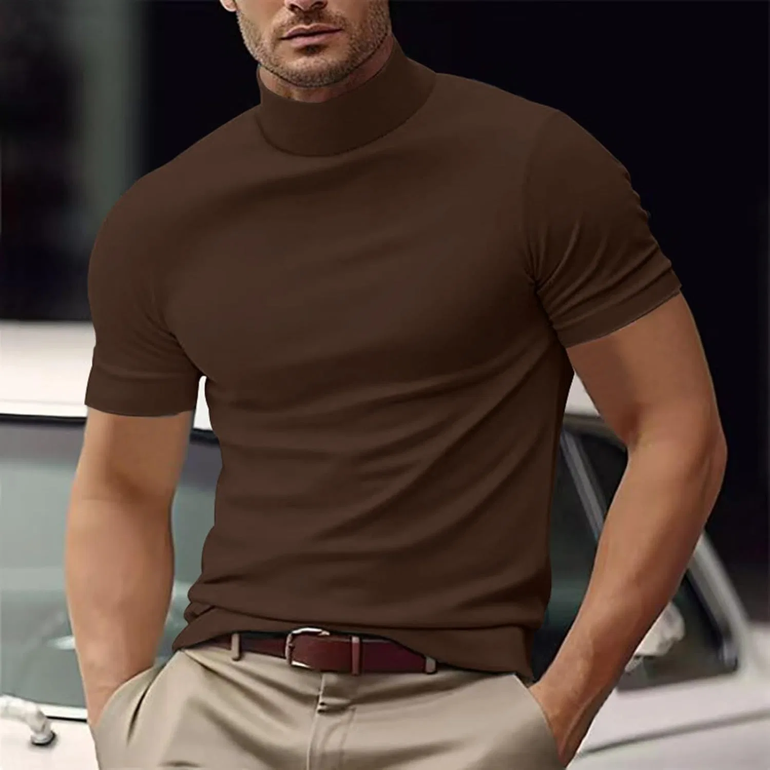 Мужская компрессионная футболка с воротником-стойкой Mens Shirts-0203, Brown — фото 2