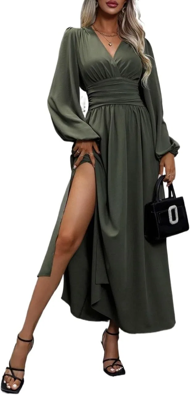 Женское длинное платье с защипами и разрезом A-силуэта, Army Green