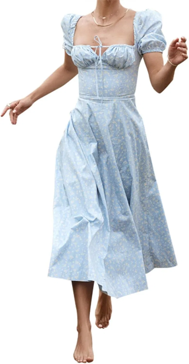 Женское макси-платье с пышными рукавами A-line, Floral Maxi Dress, A5