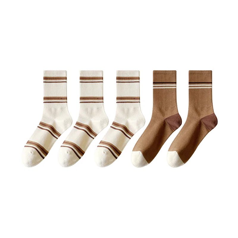 Детские носки-гольфы 3 Light Coffee Three Stripes+2 Beige Pinstripe MINISO, 3 Light Coffee Three Stripes+2 Beige Pinstripe