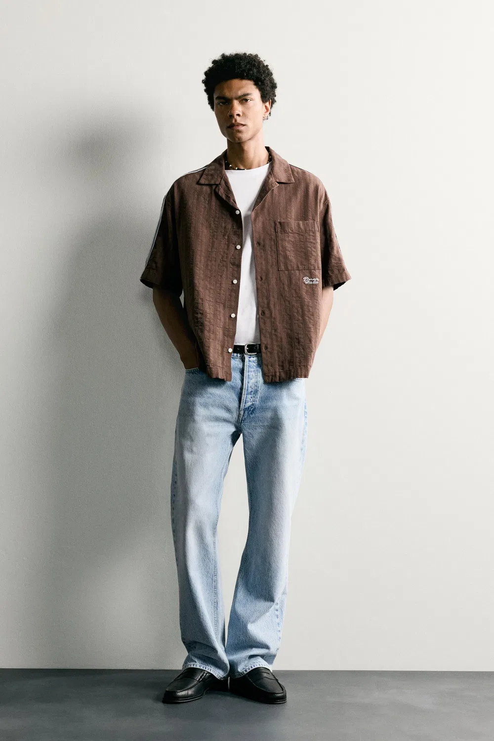 Рубашка в полоску с контрастной вышивкой ZARA, Brown
