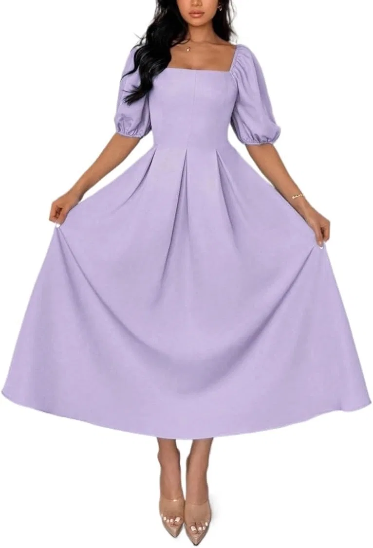 Женское элегантное платье миди с пышными рукавами A-силуэта, Mauve Purple