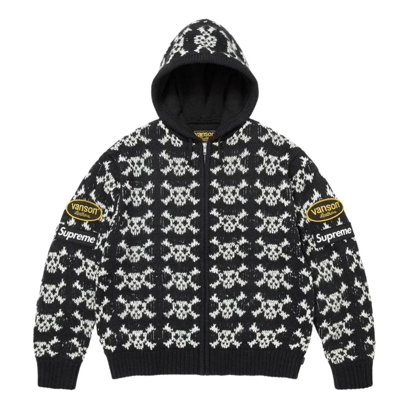 Мужское худи FW26 x Vanson Leathers Skull Zip Up Hooded Sweater 'Black' Supreme, черный