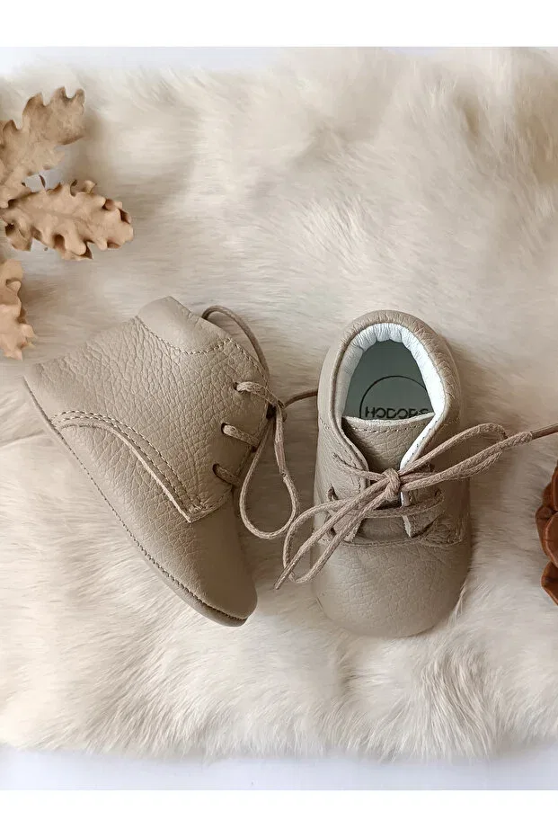 Детские пинетки из натуральной кожи для новорожденных Mink genuine leather baby booties Hodore, Taupe — фото 4