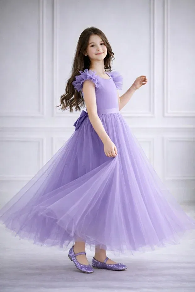 Детское платье для девочек из тюля с принтом Girl'S lilac tulle piece princess evening dress - ruffle sleeves, open back bow detail , special occasion dress Madyabutik, Lilac — фото 2