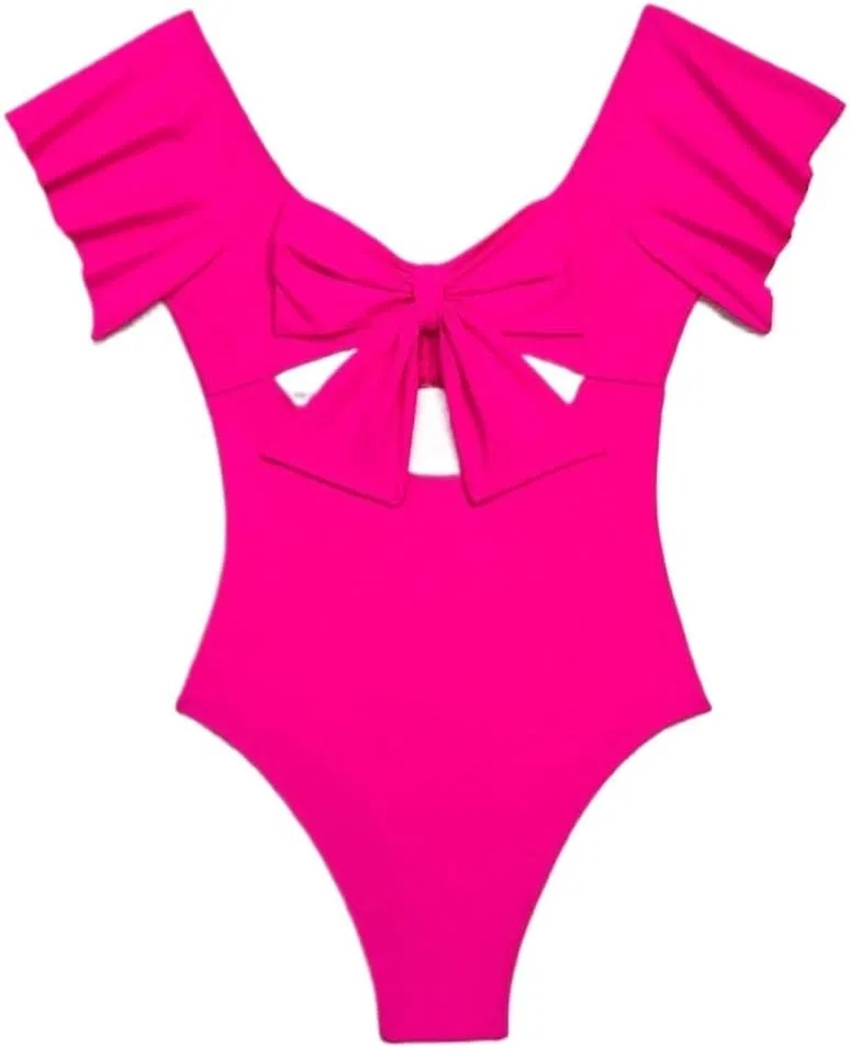 Женский цельнокроеный купальник с защипами и воланами, Hot Pink — фото 4