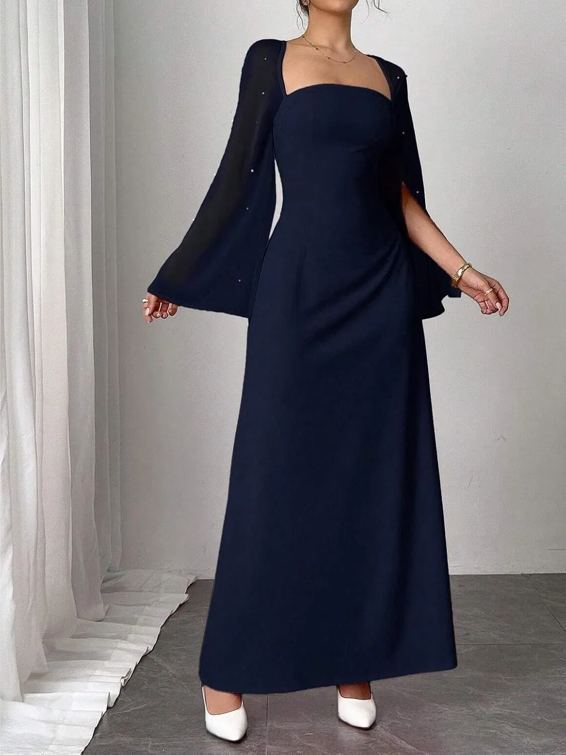 Женское A-силуэта макси платье с длинным рукавом, Navy Blue — фото 2