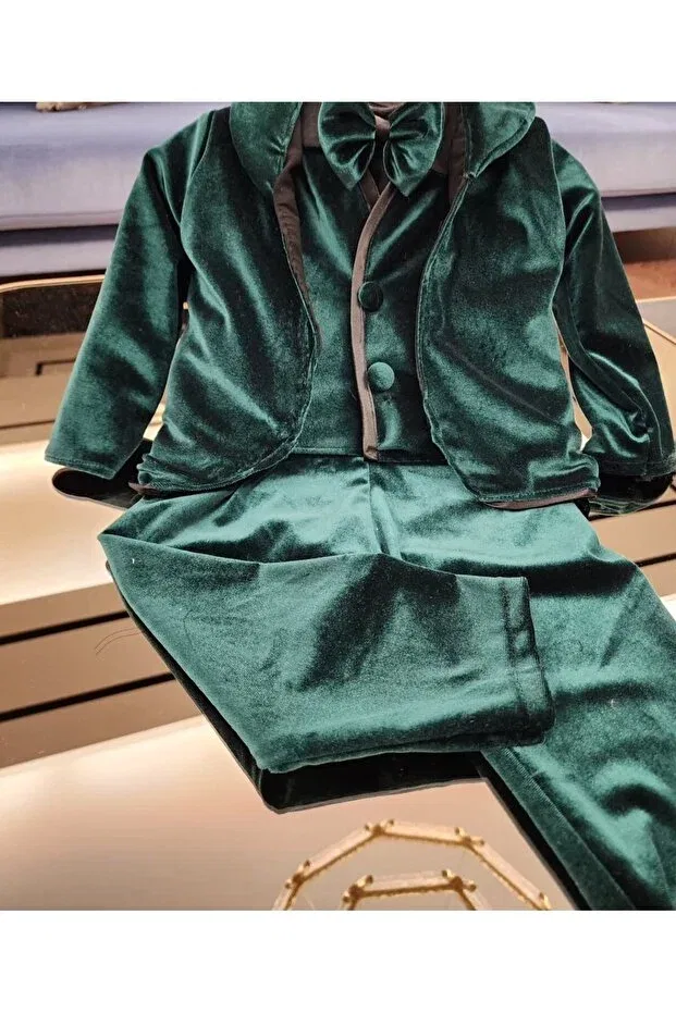 Детский для мальчиков вельветовый комплект Silk Velvet Vest Suit Outfit Tozpembebaby, Зеленый — фото 2