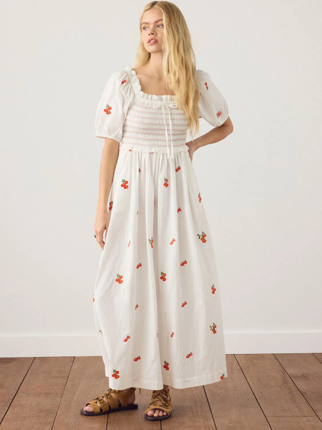 Платье миди с пышными рукавами и сборкой, White Tomato Embroidery Next, белый