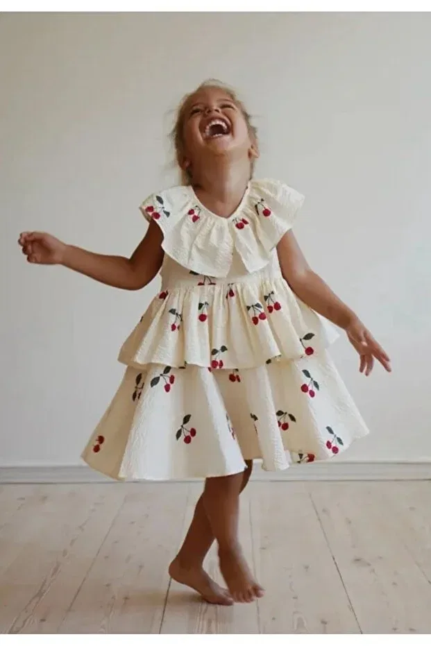 Детское платье для девочек с принтом Cherry Patterned Muslin Fabric Generic Brands, Ecru — фото 4