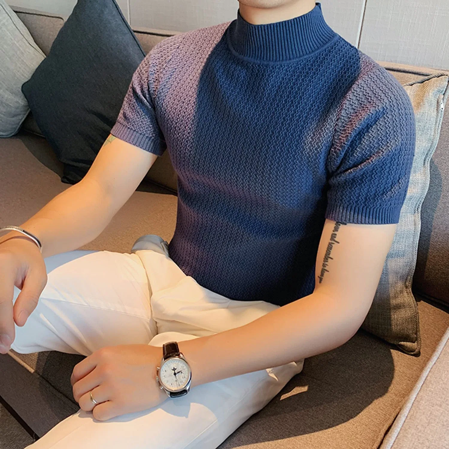 Мужская термобельевая футболка с высоким воротом, Blue Mock Neck Tops for Men — фото 2