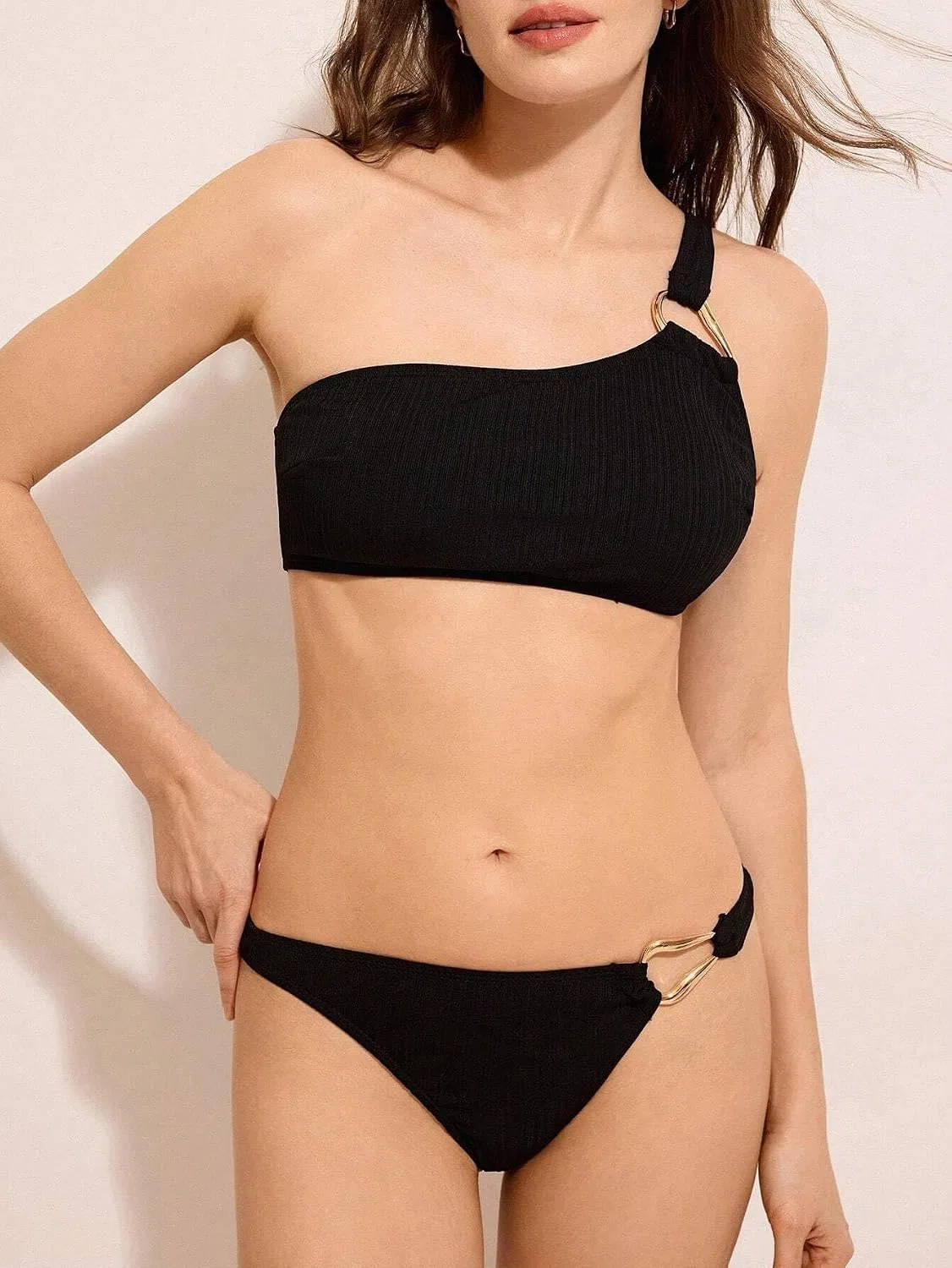 Женский бикини-сет с асимметричным вырезом ruched, Black — фото 3