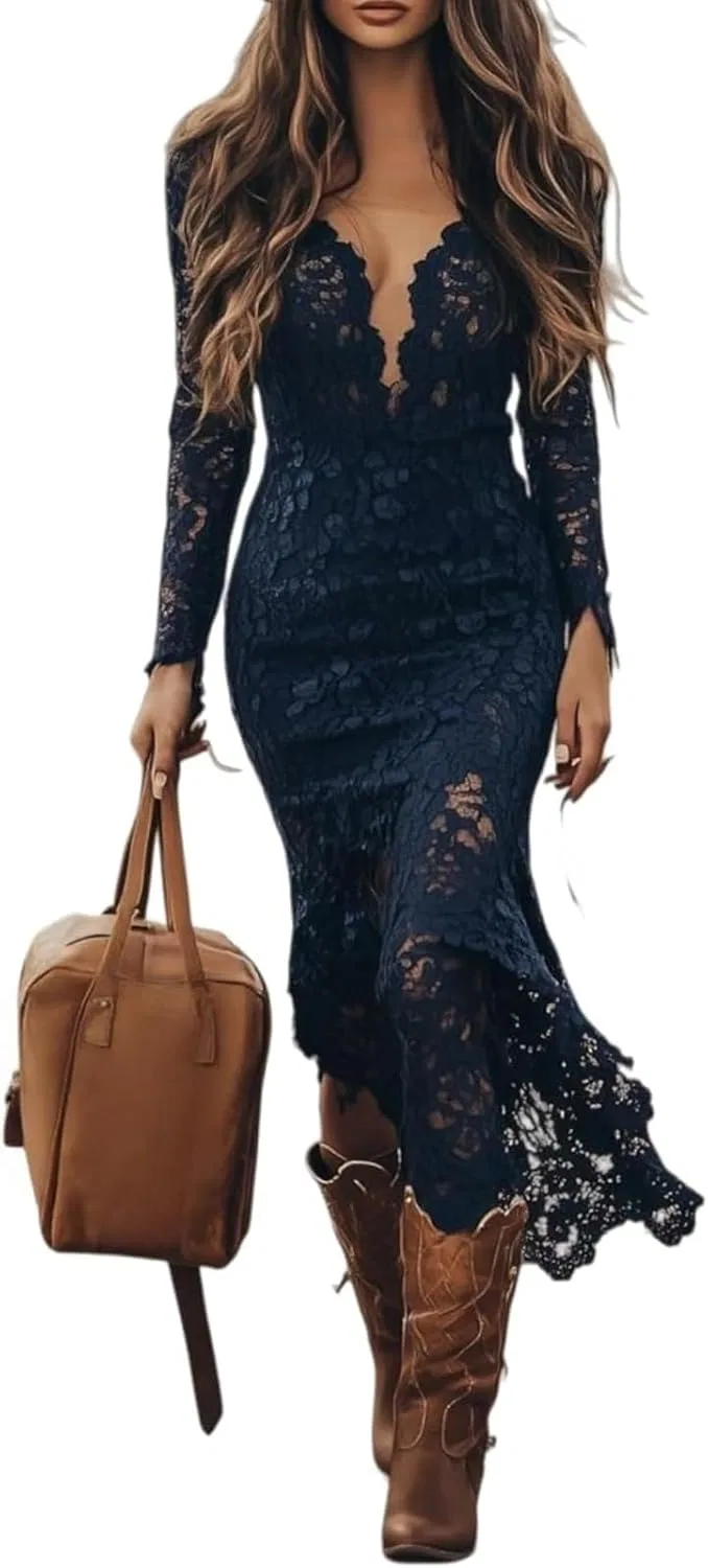 Женское коктейльное платье с кружевом Vintage Bohemian, Dark Blue