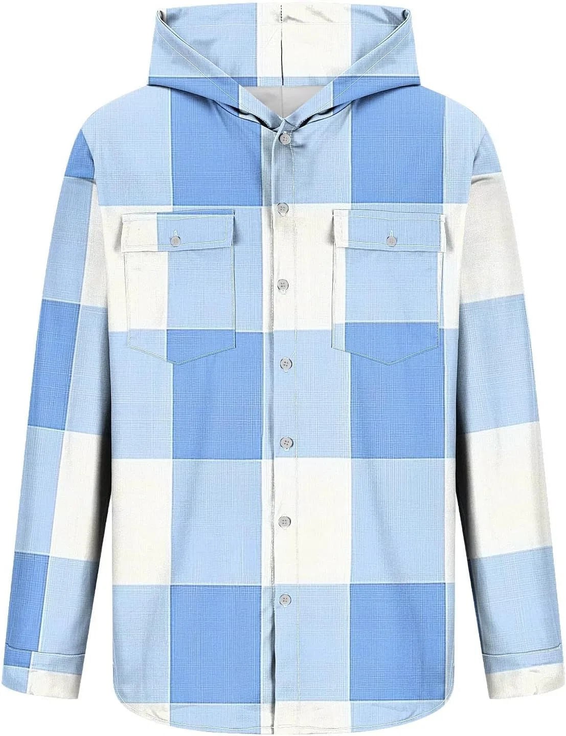 Мужская свободная фланелевая рубашка с капюшоном, принт в клетку, Long Sleeve Button Down Plaid Hoodie Stretch Casual Heavyweight Checkered Top, светло-синий — фото 4