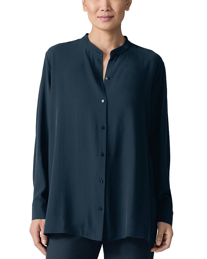 

Шёлковая рубашка с воротником-стойкой Eileen Fisher, синий