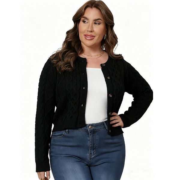 

Кардиган женский плюс сайз короткий на пуговицах с резинкой и круглым вырезом для зимы и осени Clearflower, Black