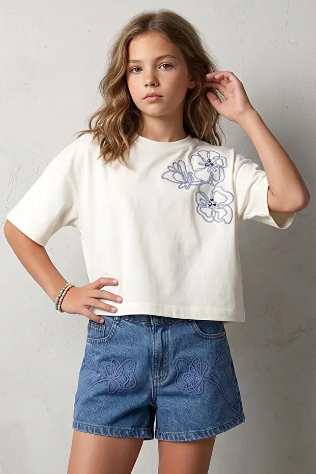Детские шорты для девочек с вышивкой джинсовые Pd Kids, Navy Blue