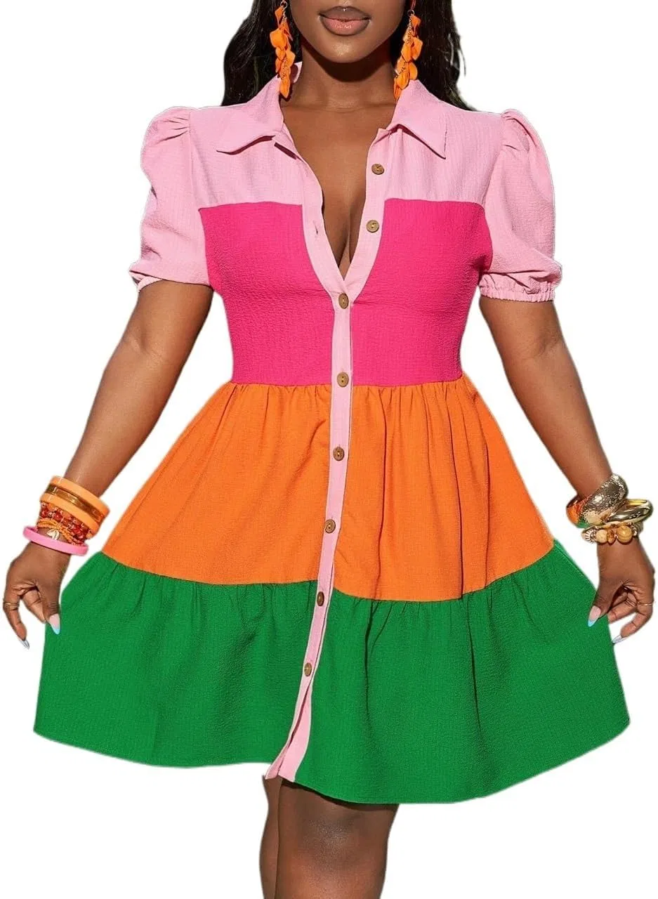 Платье мини с рукавами-фонариками Colorblock, Multicolor