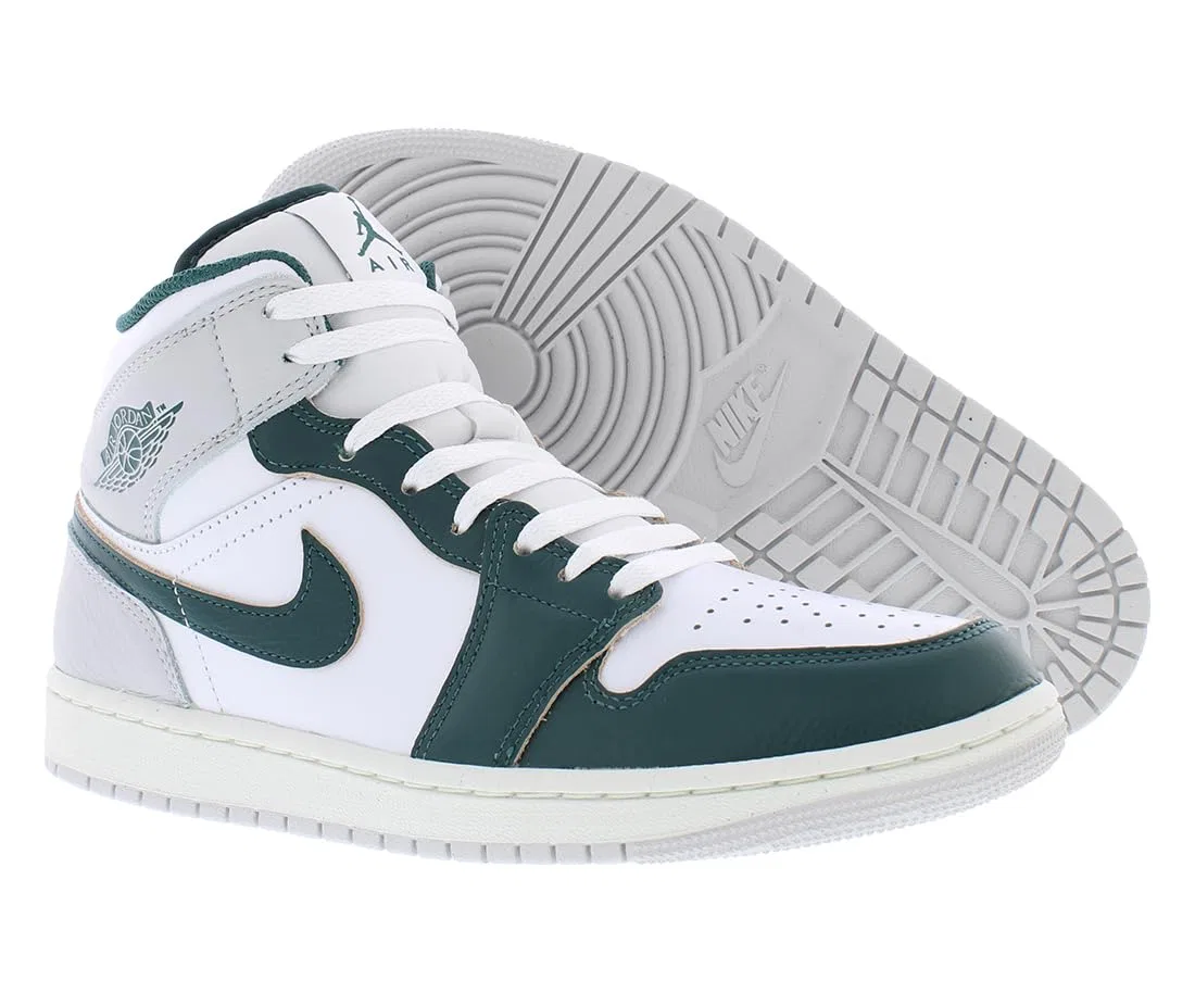 Детское кроссовки для мальчиков с высоким берцем Jordan 1 Mid Se Little Kids' Shoes NIKE, White Sail Grey Neutral Green Oxidized — фото 2