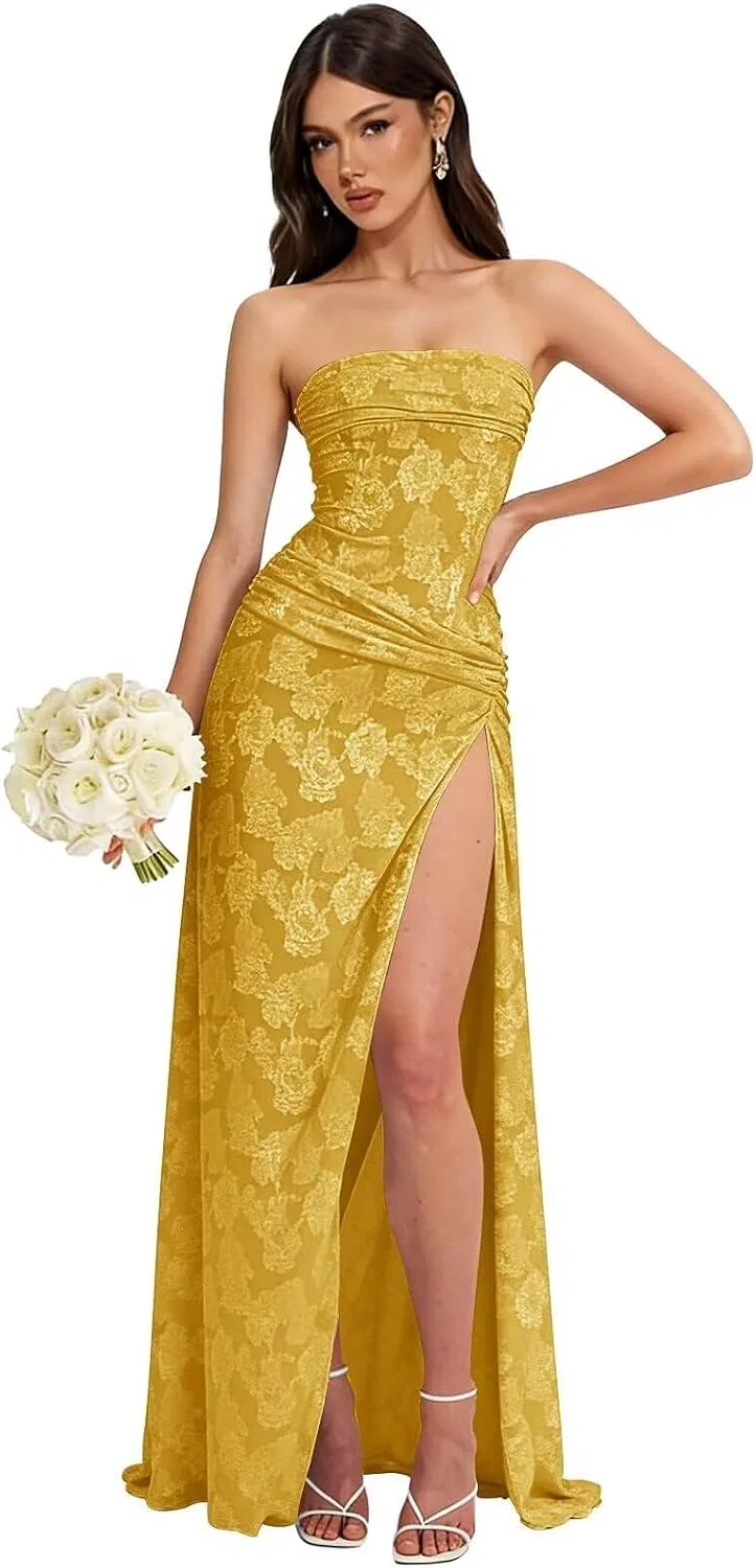 Женское вечернее платье с цветочным жаккардом, Length:Floor Length, Gold